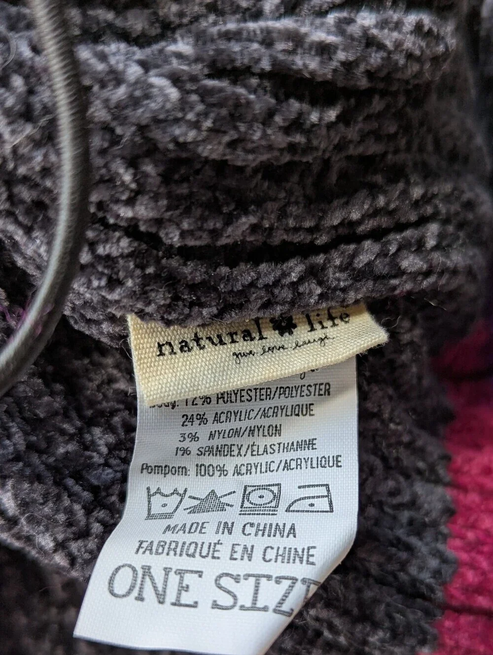 NWT Natural Life 2-in-1 Scarf Beanie Charcoal Gray Magenta Violet Chenille Knit